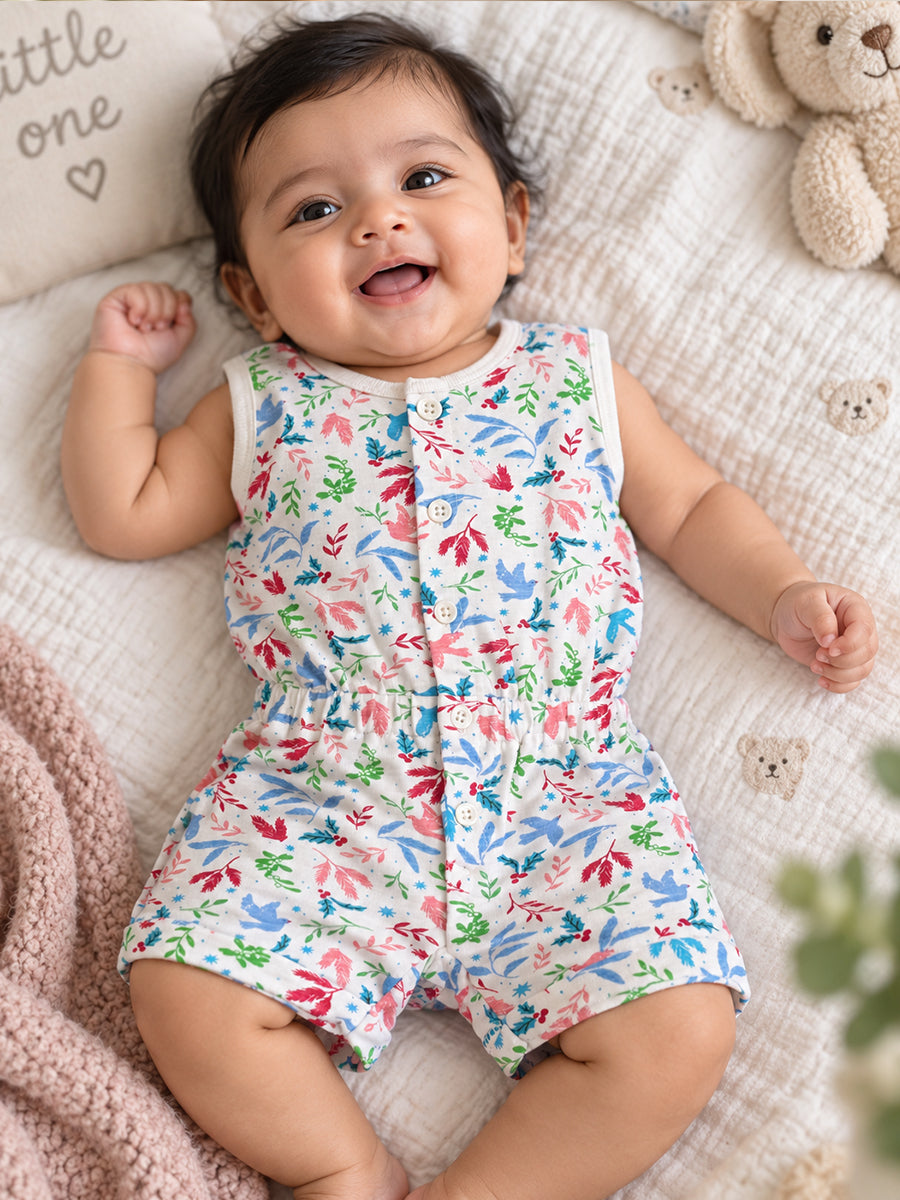 Ziva Baby Playsuit Romper – Multicolour Botanical Bird Print | Knitted Cotton | Sleeveless | Full Front Button Open