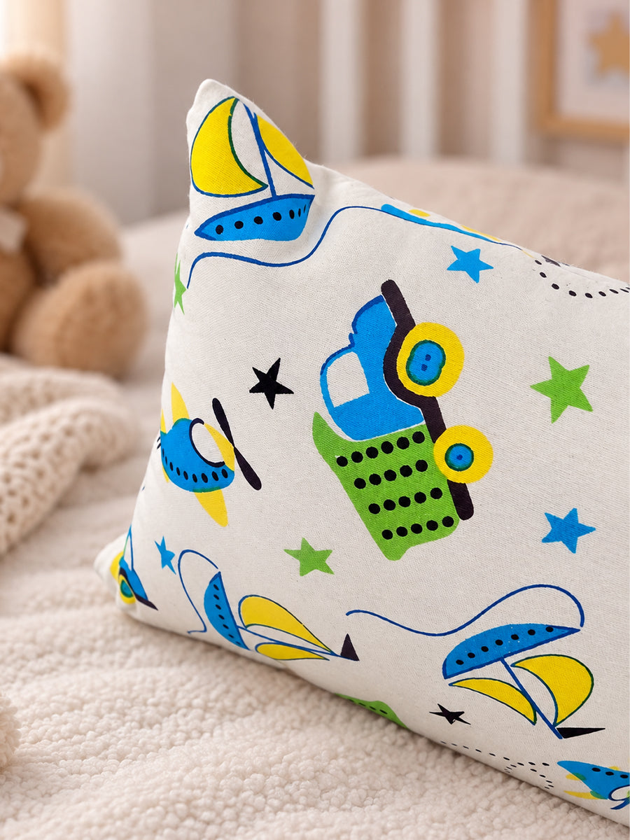 Ziva Baby Pillow with Cotton Cloth Cover – Multicolour Transport Print | Lightweight Soft-Filled Inner Cushion
