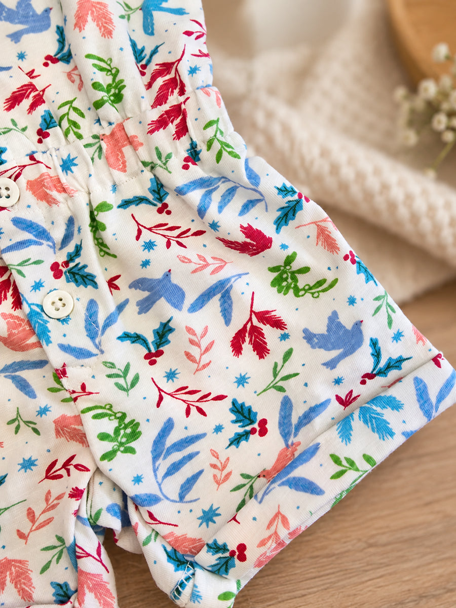 Ziva Baby Playsuit Romper – Multicolour Botanical Bird Print | Knitted Cotton | Sleeveless | Full Front Button Open