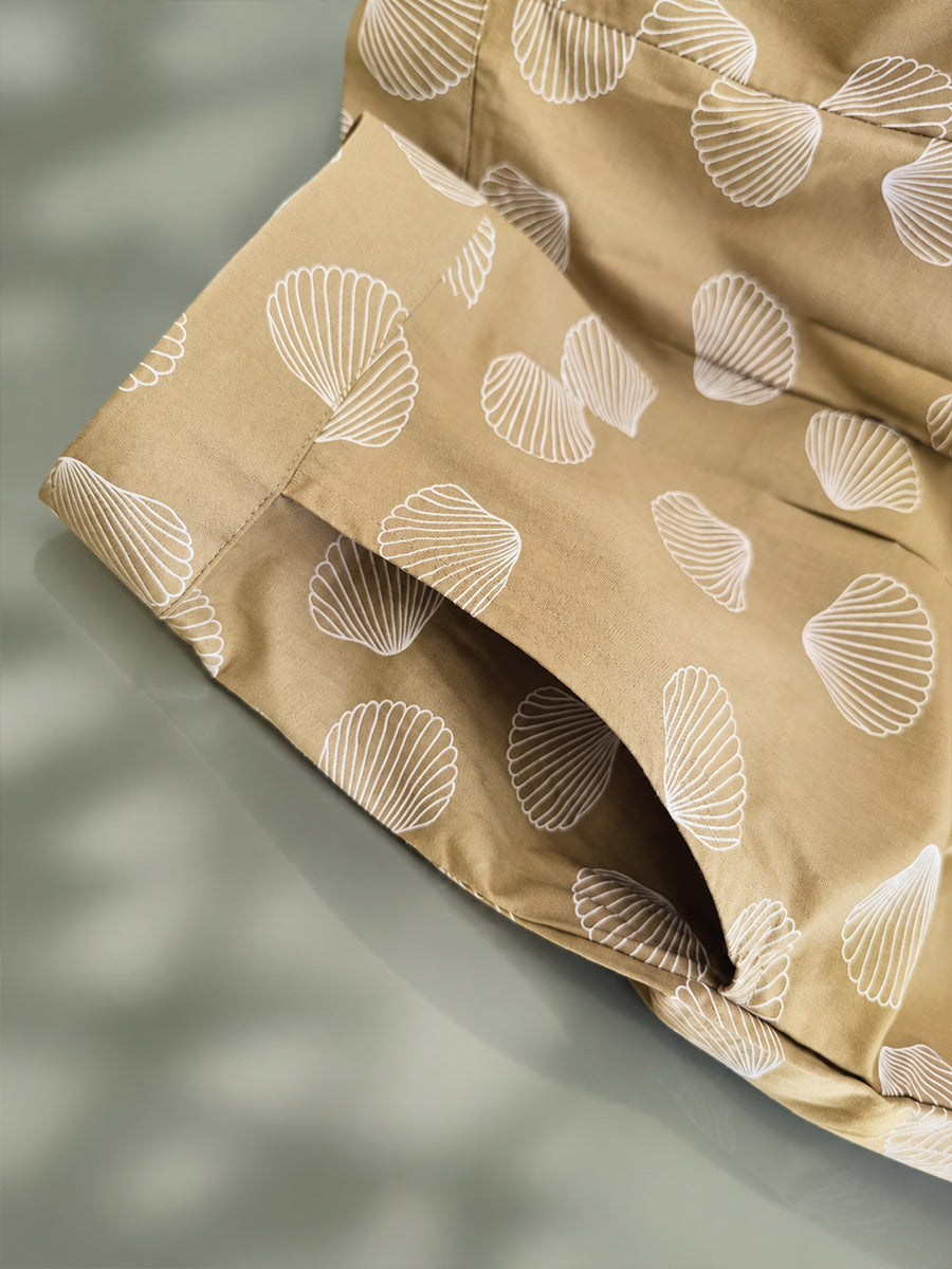 Ziva Maternity & Feeding Cotton Co-ord Set with Side Zips & Pockets – Khaki Beige Seashell Print