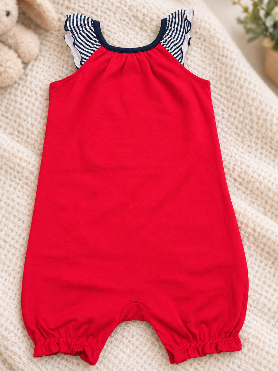 Baby Girl Premium Knitted Cotton Jumpsuit Combo – Navy Blue & Red | Flutter Sleeves | Press-Button Open | 0–3 to 18–24 Months |Ziva Collected | Carefully Selected for Your Little One
