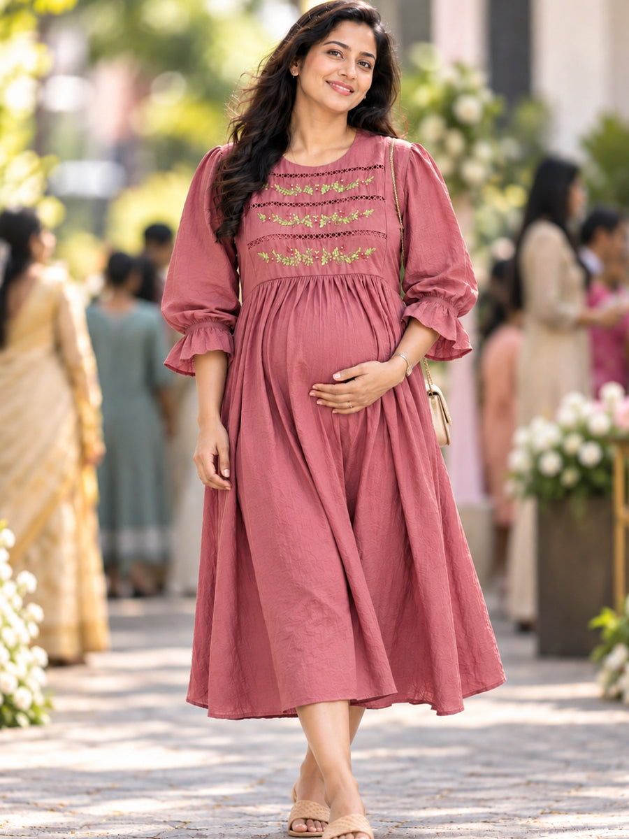 Ziva Premium Crinkle Viscose Maternity & Feeding Occasion Dress with Hand-Embroidered Yoke & Adjustable Puff Sleeves | Dusty Rose