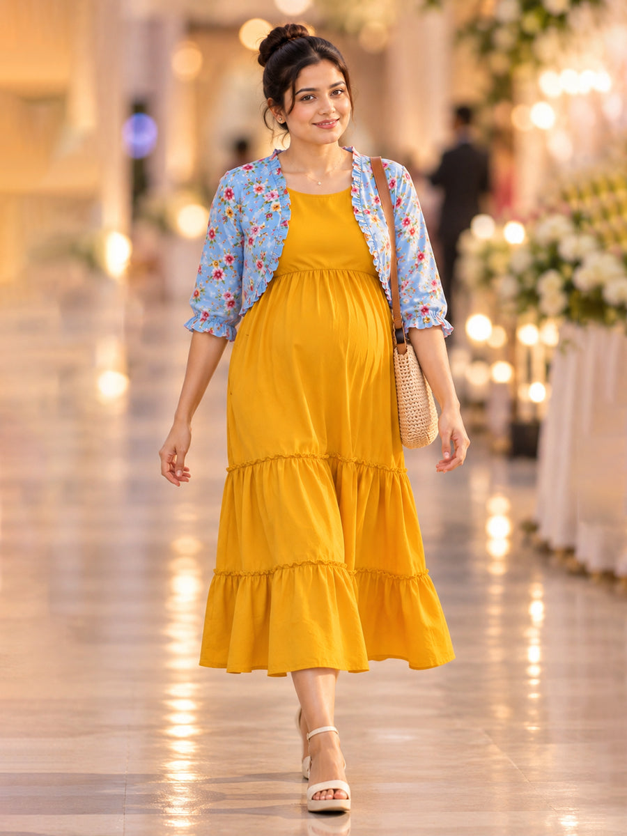 Ziva Maternity & Feeding Sleeveless Dress with Frill-Detail Floral Jacket | Dark Orange Yellow & Sky Blue Floral