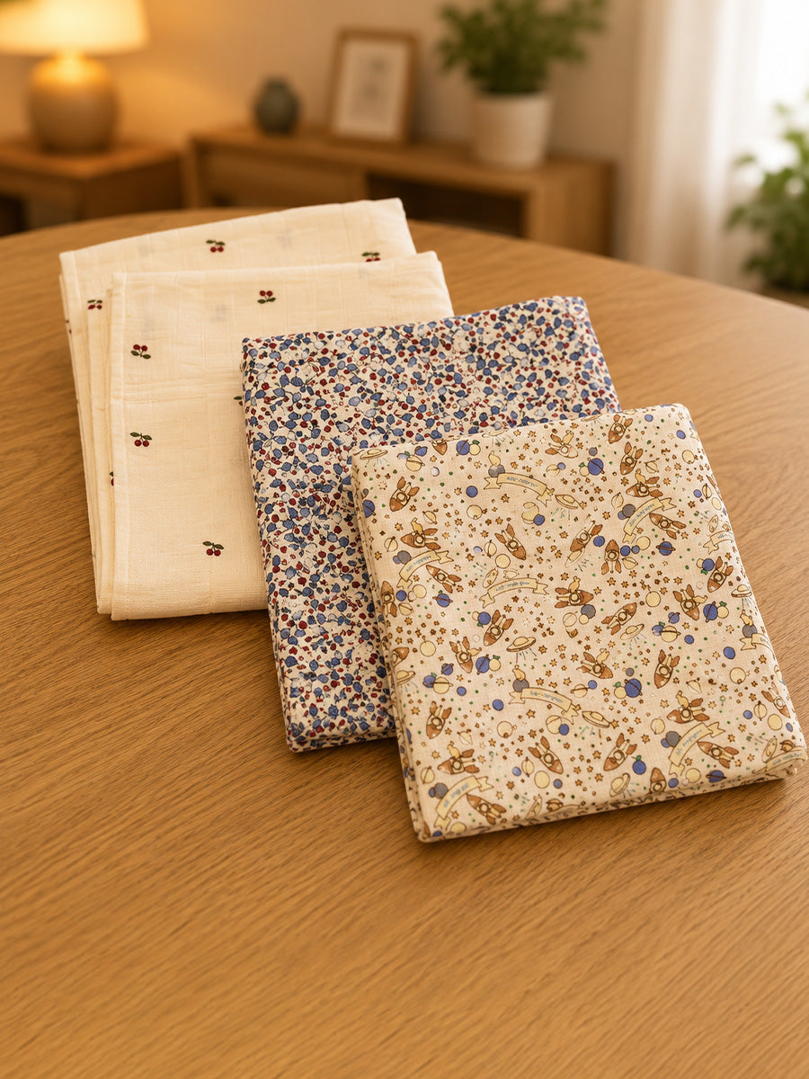 Ziva Premium Cotton Muslin Cloth – 3 Pieces | 100 × 100 cm Extra Large | Soft, Breathable & Multipurpose | Assorted Prints | Print Included: Small Cherry