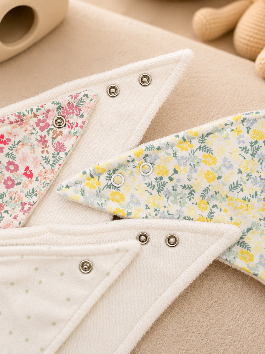 Ziva Premium Knitted Cotton Baby Bib – Pack of 3 | Soft Terry Lining | Adjustable Press Buttons | Assorted Floral Prints