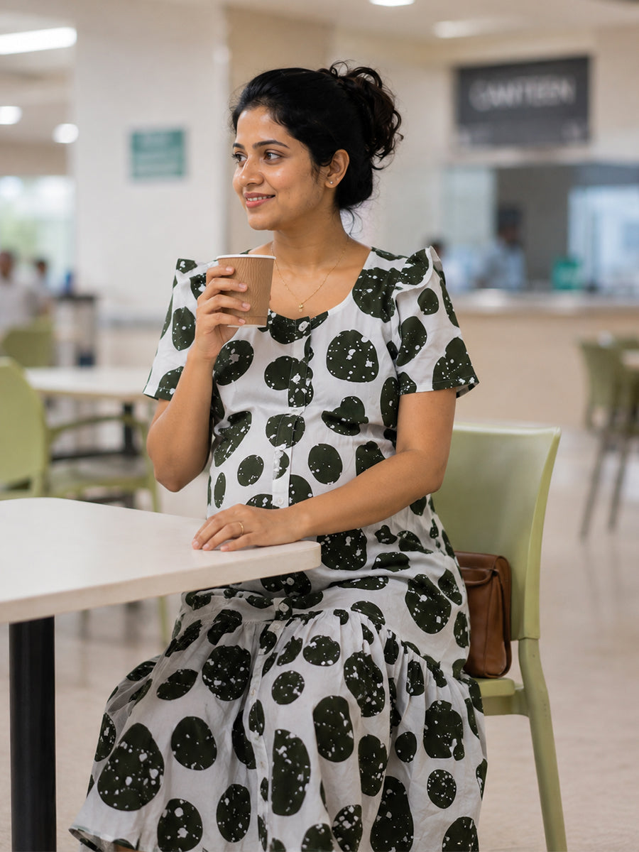 Ziva Maternity & Feeding Cotton Full-Open Short Nighty with Side Pocket – Dark Greenish Grey & Off White Irregular Spot Print