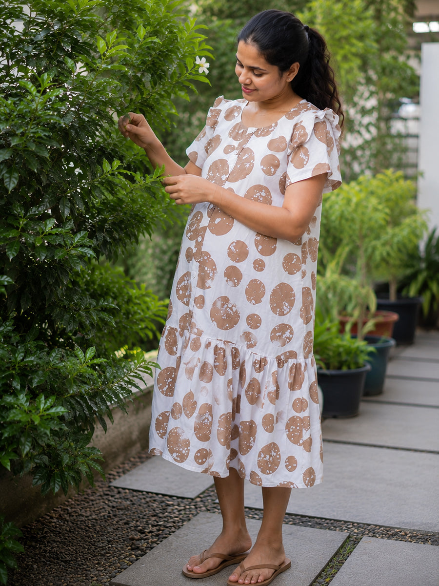 Ziva Maternity & Feeding Cotton Full-Open Short Nighty with Side Pocket – Coffee Brown & Off White Irregular Spot Print