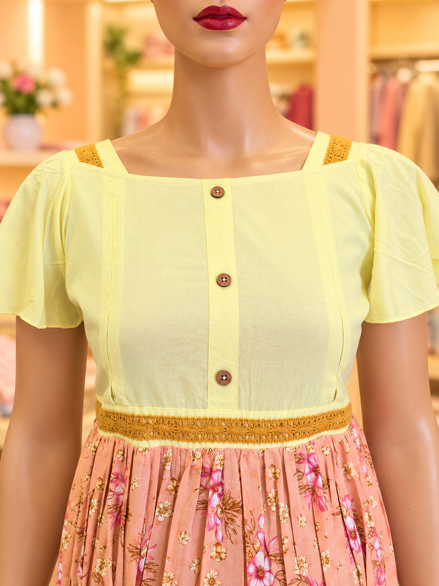 Ziva Maternity & Feeding Rayon Dress with Circular Sleeves & Concealed Zips | Soft Lemon Yellow & Peach Pink Floral