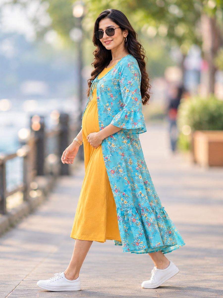 Ziva Premium Rayon Maternity & Feeding Dress with Sleeveless Inner & Floral Tie-Up Long Jacket with side pocket – Dark Orange Yellow & Turquoise Blue Floral