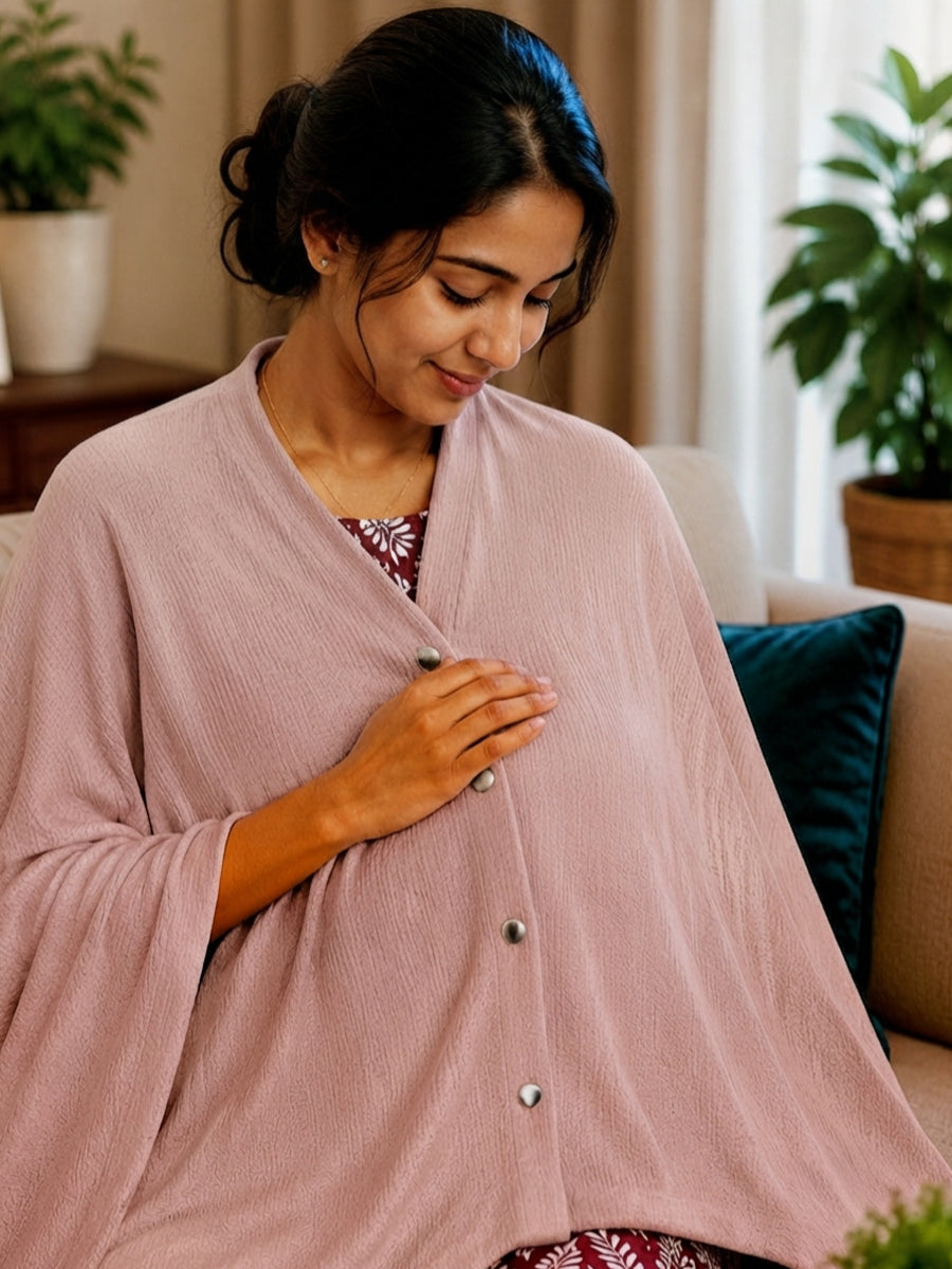 Ziva Multipurpose Nursing Cover – Premium Knitted Cotton Breastfeeding Cover with Press Buttons | Soft Rose Taupe