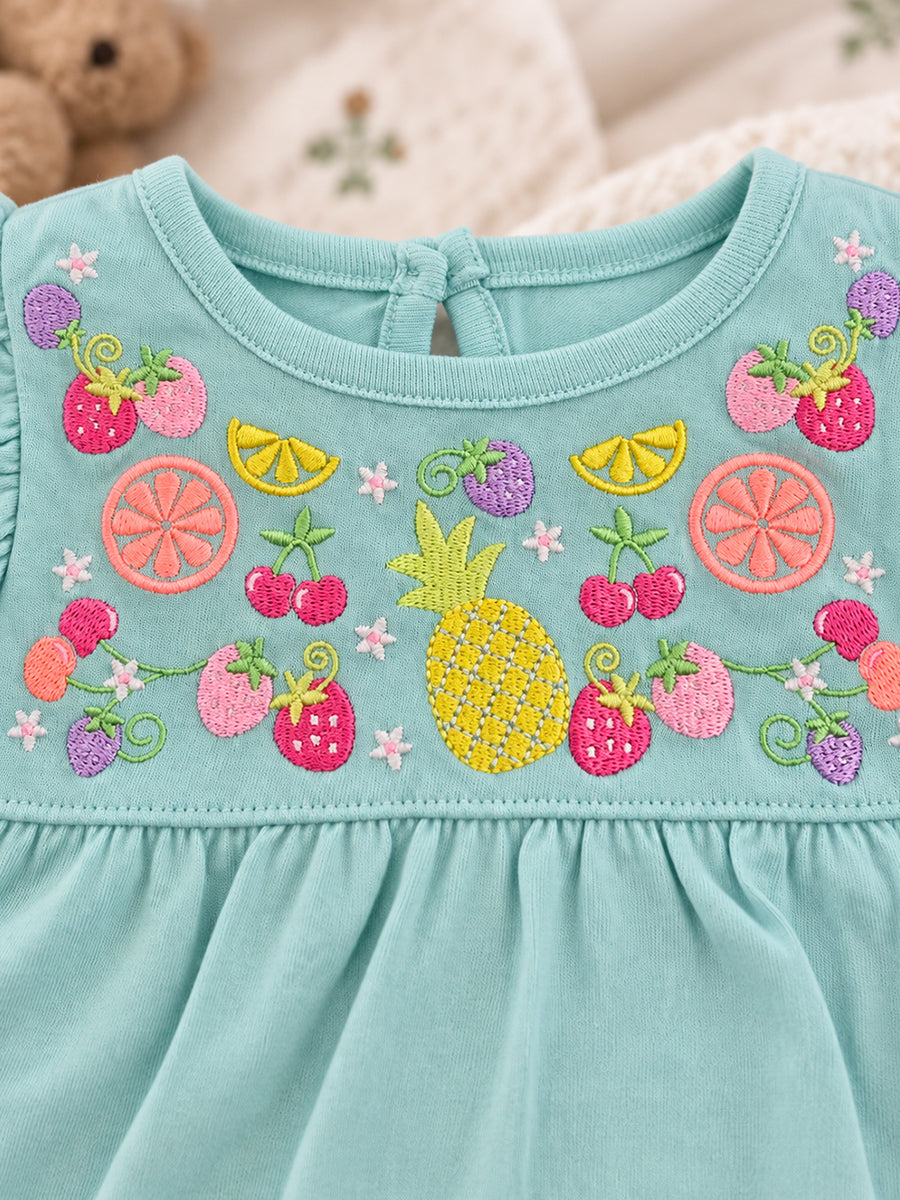 Baby Girls Knitted Cotton Fruit Embroidery Romper – Mint Green | Flutter Sleeves | Bottom Press-Button Opening |Ziva Collected | Carefully Selected for Your Little One