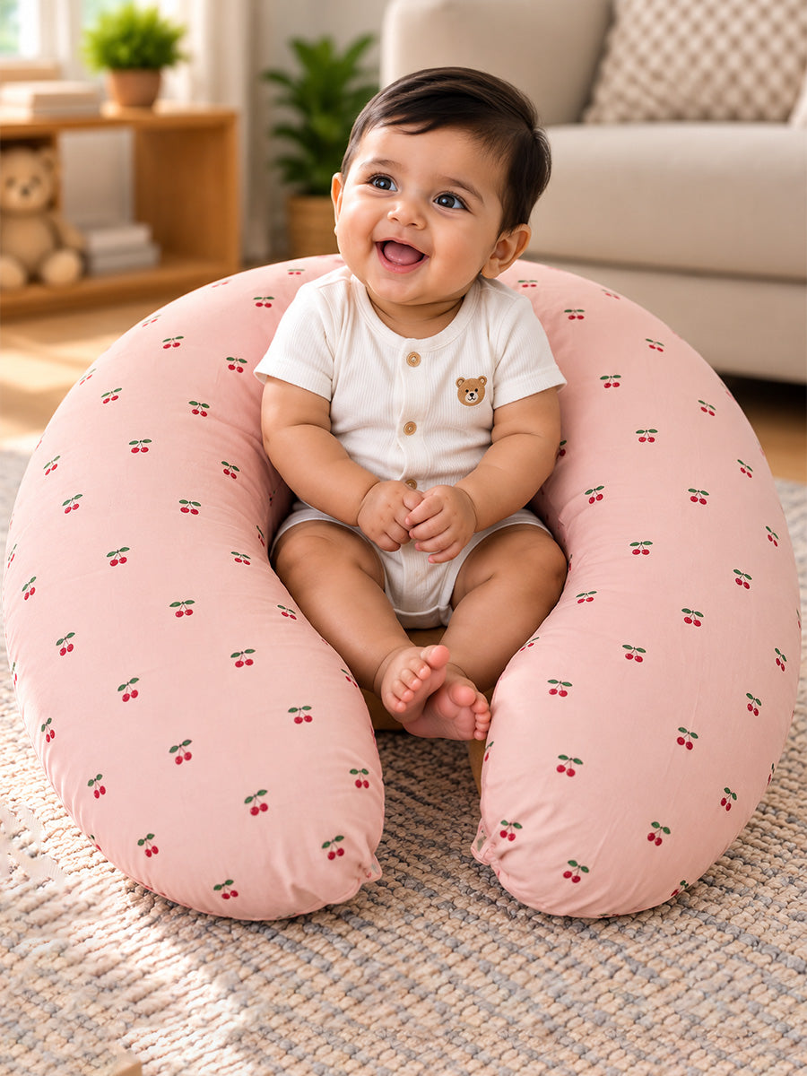Ziva Multipurpose Feeding Pillow – Premium Organic Cotton | Light Brown with Tiny Cherry Print | Removable & Washable Cover