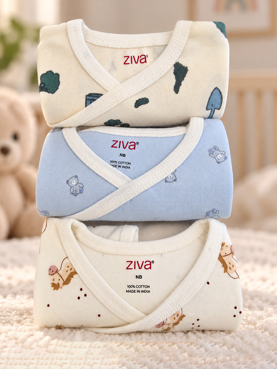 Ziva Baby Premium Knitted Cotton Overlap Romper – Pack of 3 | Baby Blue Teddy Bear, Cream Tiny Mouse & Garden Vegetable Assorted Prints