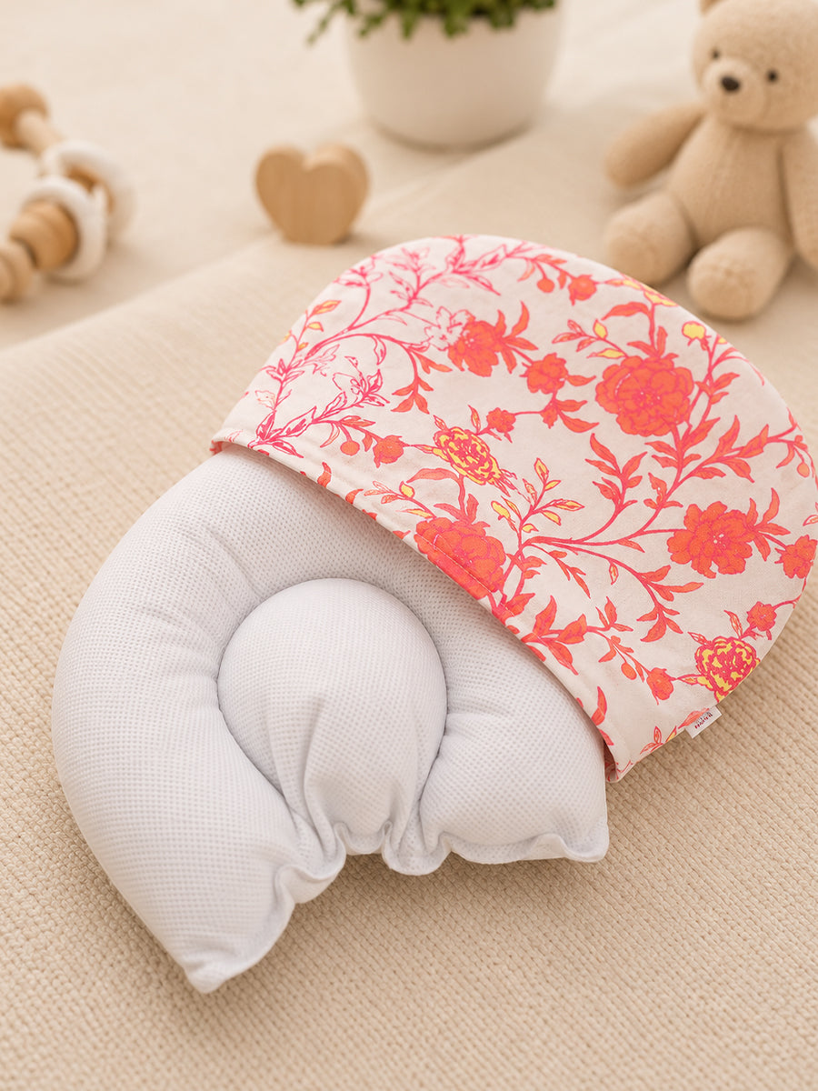 Ziva Baby Ergonomic Head Support Pillow | White with Orange Floral Print | Soft Cotton Cover