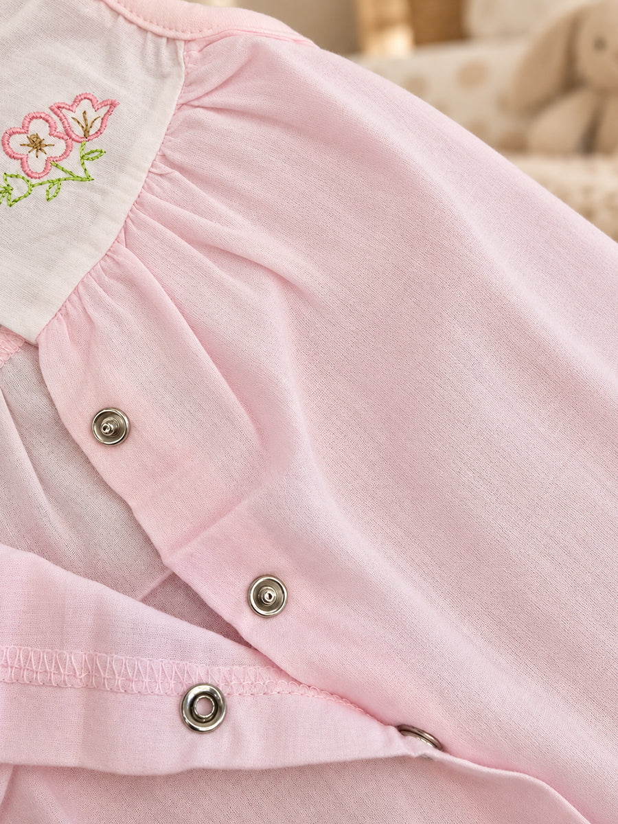 Baby Cotton Front Open Frock – Baby Pink & White | Floral Embroidered Yoke | Ziva Collected | Carefully Selected for Your Little One