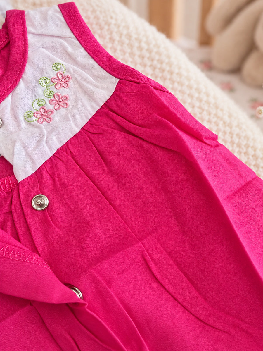 Baby Cotton Front Open Frock – Rani Pink & White | Floral Embroidered Yoke | Ziva Collected | Carefully Selected for Your Little One
