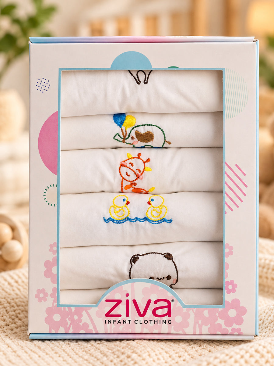 Ziva Premium Cotton Embroidery Jabla – Back Tie Newborn Baby Wear | Cute Animal Embroidery | 6 Pieces