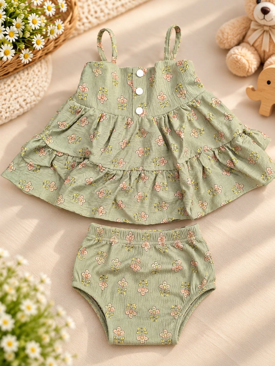 Ziva Baby Girl Strappy Frock with Pantie – Sage Green Floral Print | Premium Knitted Cotton | Layered Frill & Front Buttons | 2-Piece Set