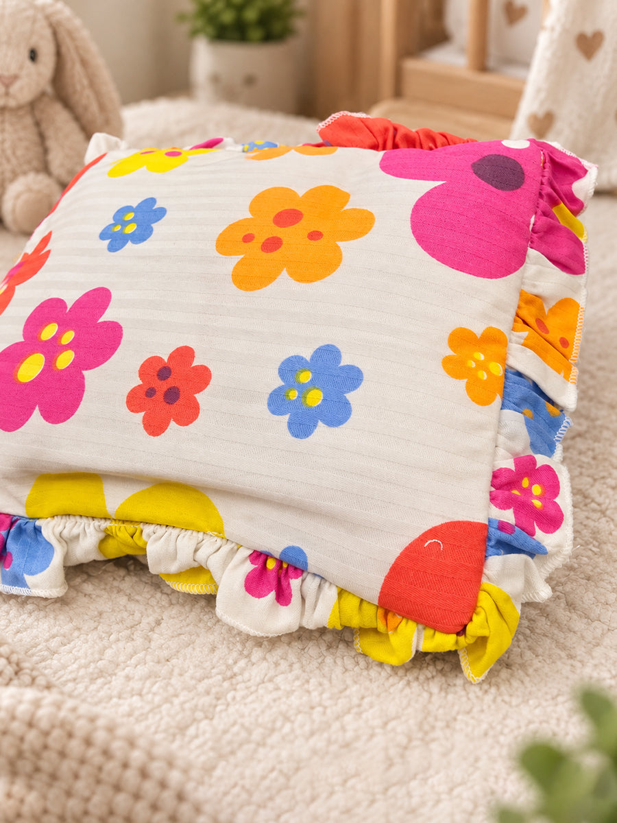 Ziva Baby Pillow with Cotton Cloth Cover – Multicolour Floral Print | Side Frill Detail | Lightweight Soft-Filled Inner Cushion
