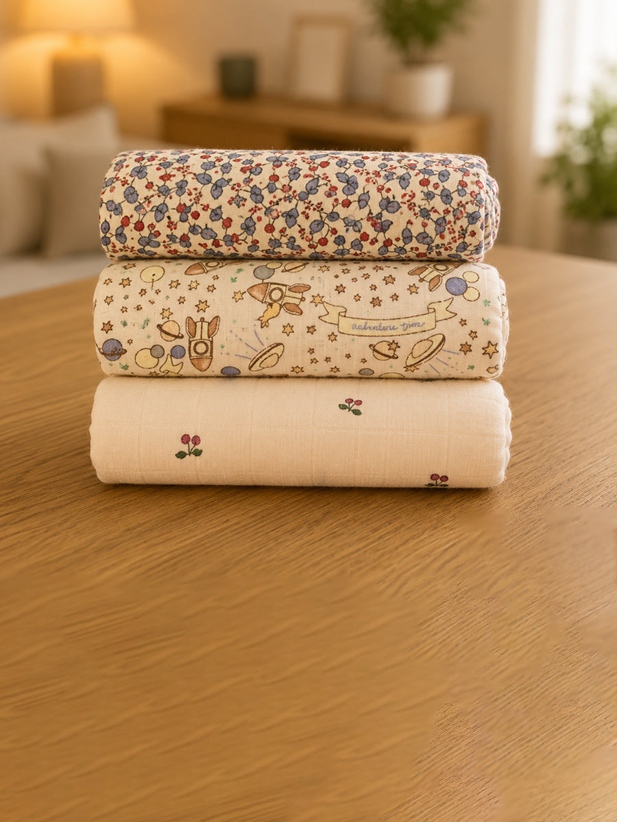 Ziva Premium Cotton Muslin Cloth – 3 Pieces | 100 × 100 cm Extra Large | Soft, Breathable & Multipurpose | Assorted Prints | Print Included: Small Cherry