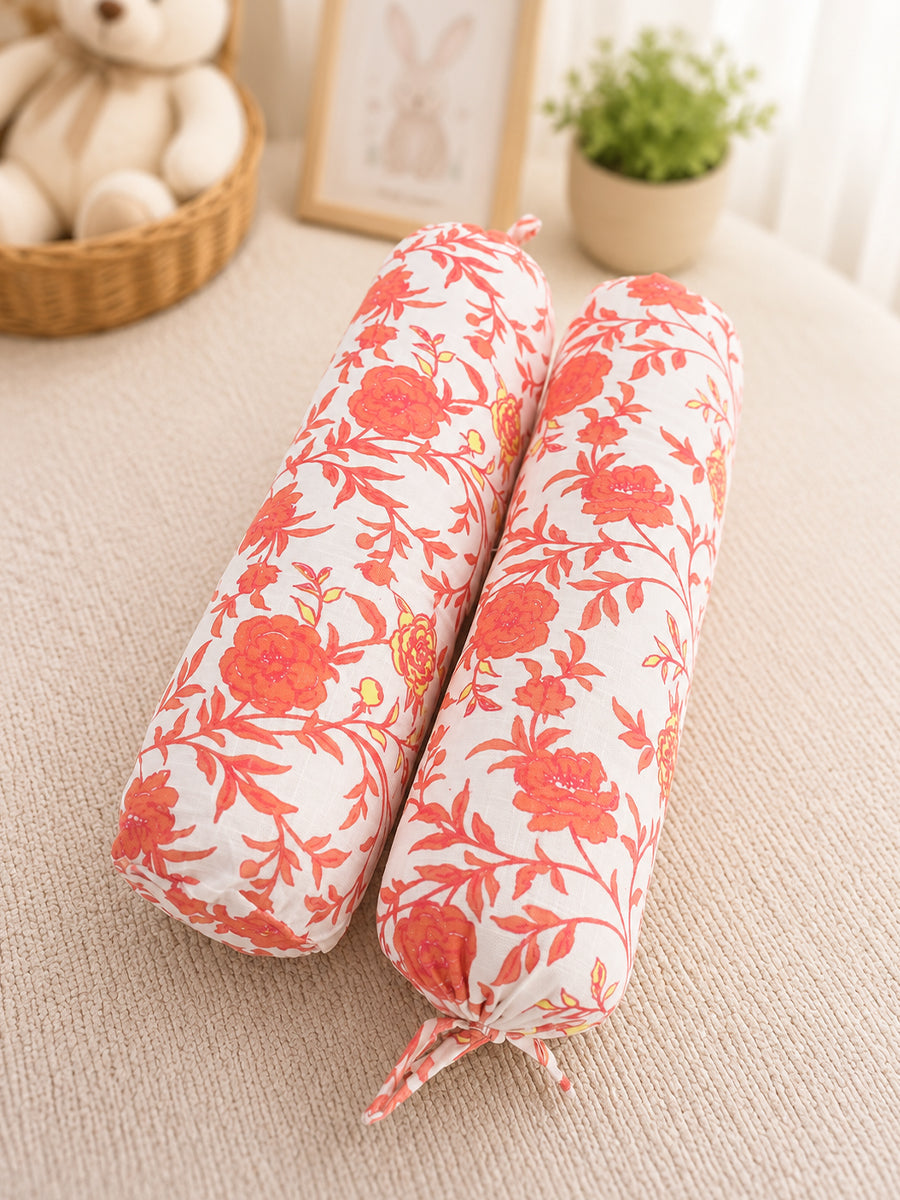 Ziva Baby Side Pillow (Bolster Pillow) | Multipurpose | Cotton Cover | Coral Botanical Bloom Print