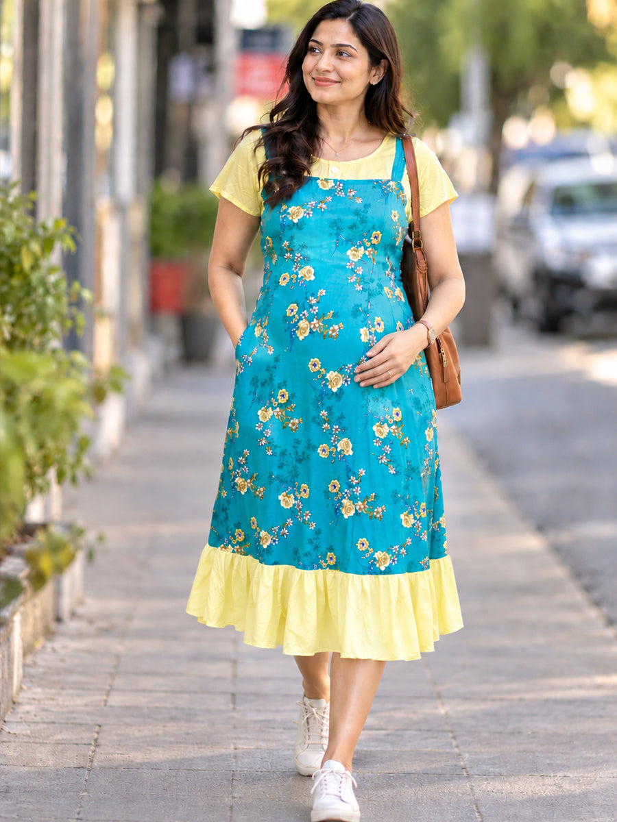 Ziva Maternity & Feeding Dungaree-Style Dress with Concealed Feeding Zips | Teal Blue Floral & Soft Lemon Yellow