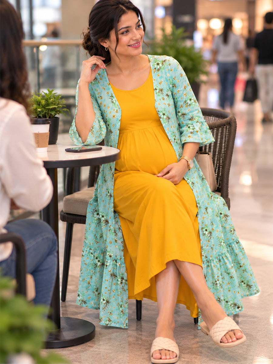 Ziva Premium Rayon Maternity & Feeding Dress with Sleeveless Inner & Floral Tie-Up Long Jacket With Side Pocket– Dark Orange Yellow & Soft Mint Green Floral