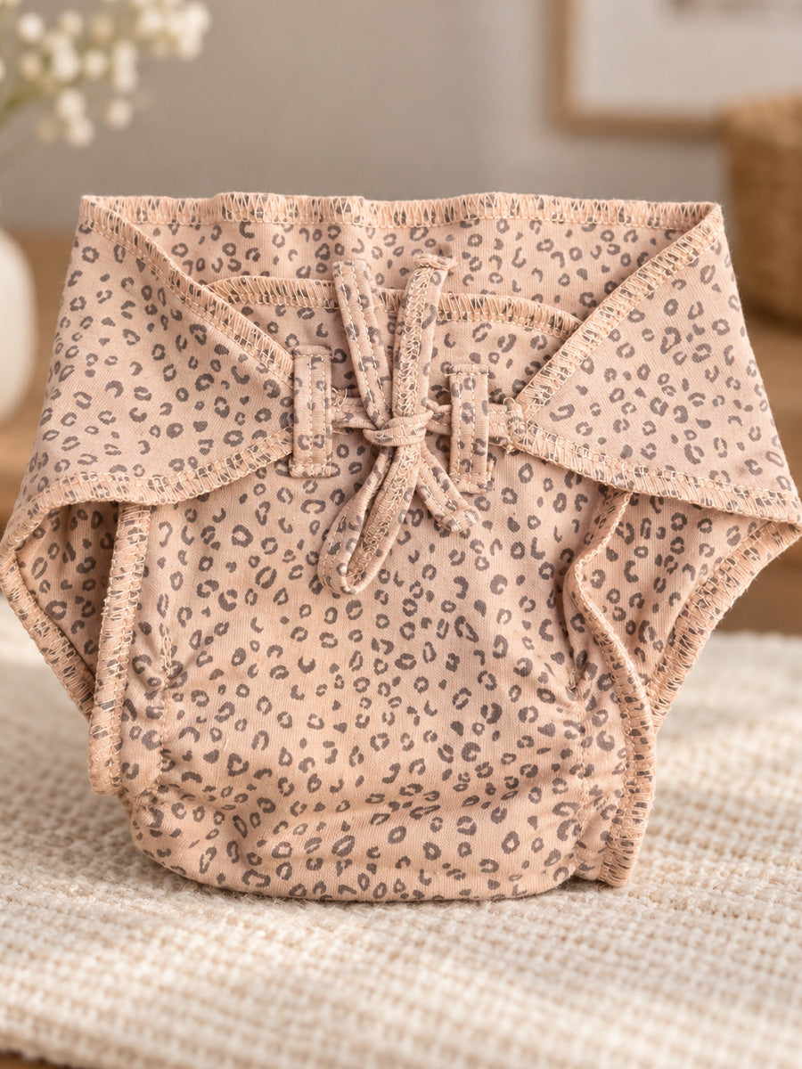 Ziva Newborn Knitted Cotton Front Open Tie Jabla with Tie Nappy – Peach Leopard Print | 1 Jabla + 1 Nappy