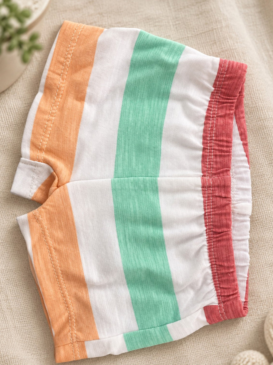 Ziva Baby Premium Knitted Cotton Shorts Combo – Pack of 2 | Navy Stripe & Multicolour Stripe