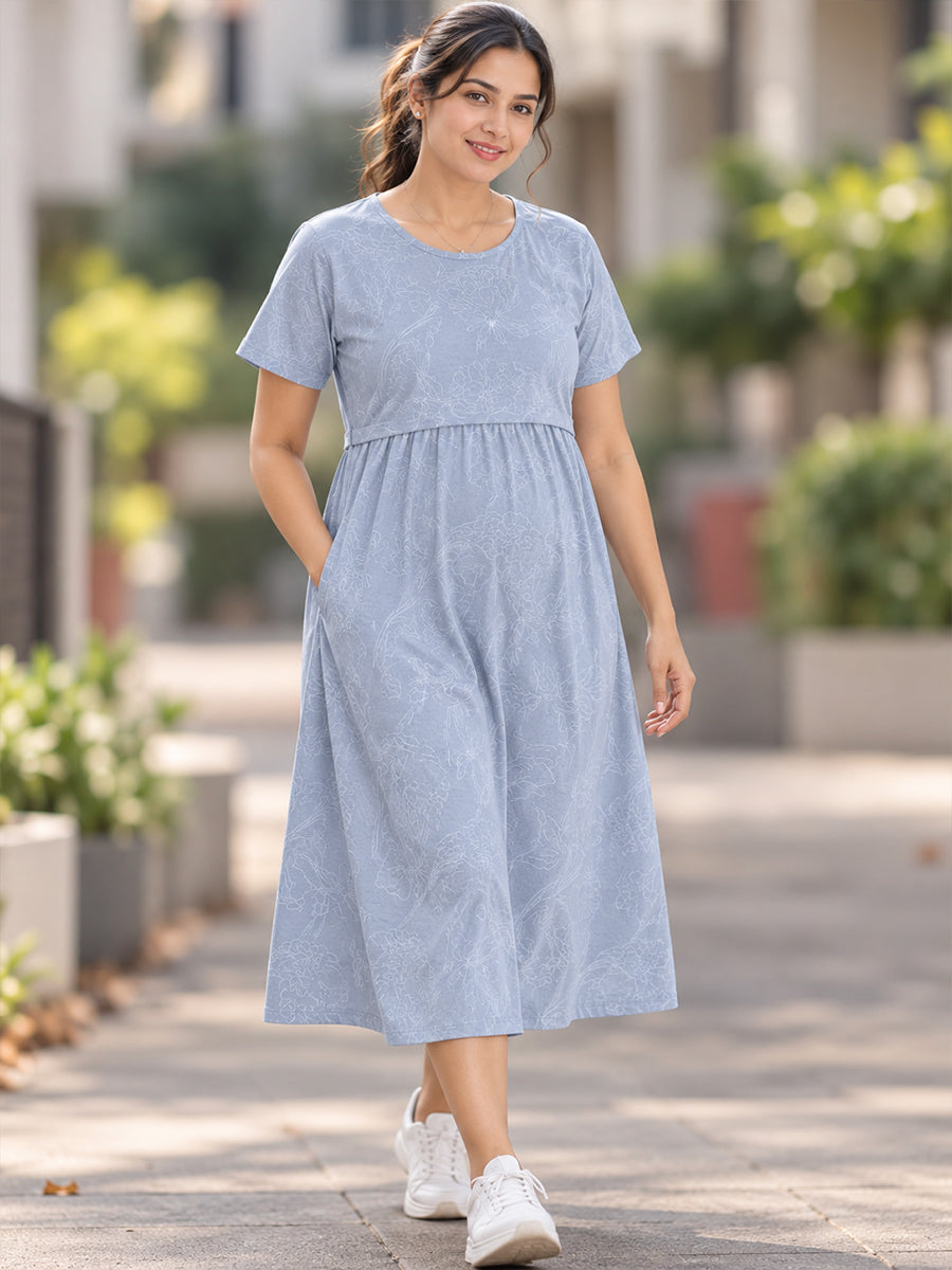 Ziva Zipless Maternity & Feeding Knitted Dress with Adjustable Waist Tie & Side Pocket | Soft Powder Blue White Floral Line Print