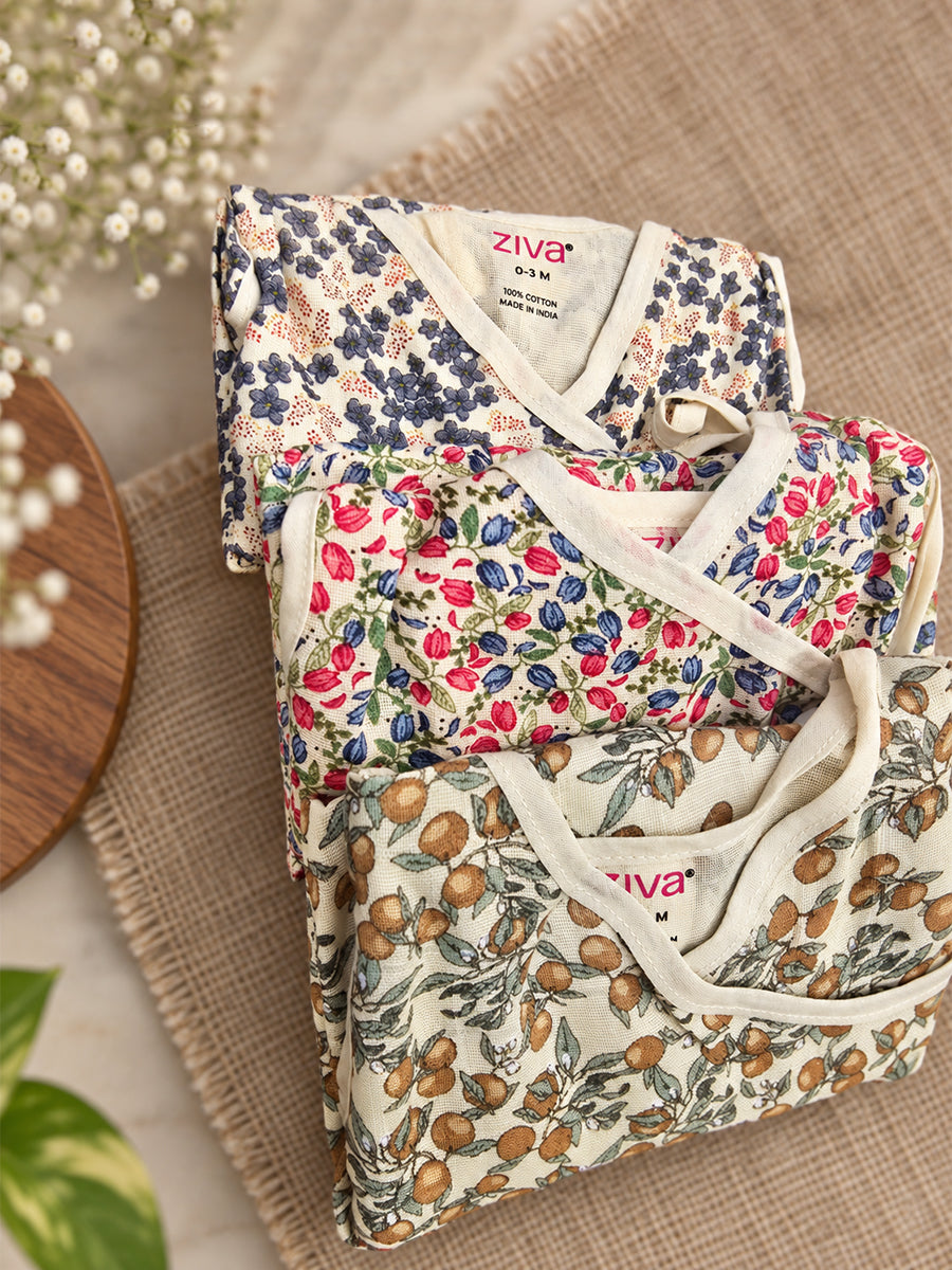 Ziva Muslin Baby Girl Frock – Side-Open Overlap with Adjustable Tie | Pack of 3 | 100% Cotton Muslin | Assorted Prints (Print Details: Check Product Description)