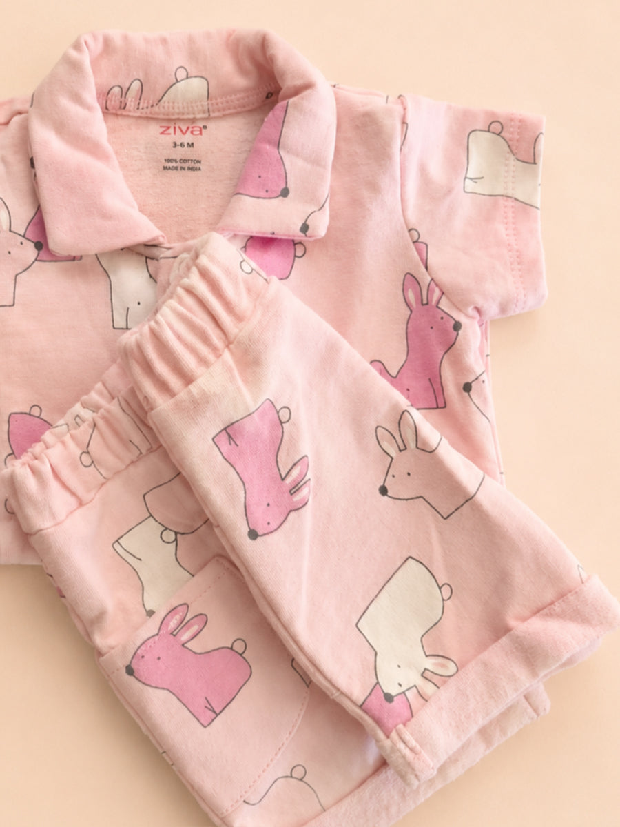 Ziva Premium Knitted Cotton Baby Co-Ord Set – Collar Neck Shirt & Elastic Waist Shorts | Dusty Rose | Bunny Rabbit Print