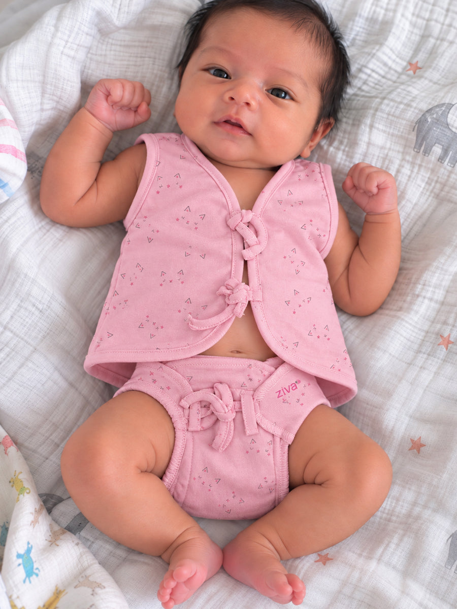 Ziva Newborn Knitted Cotton Front Open Tie Jabla with Light Padded Tie Nappy – Soft Pink Mini Print | 1 Jabla + 1 Nappy