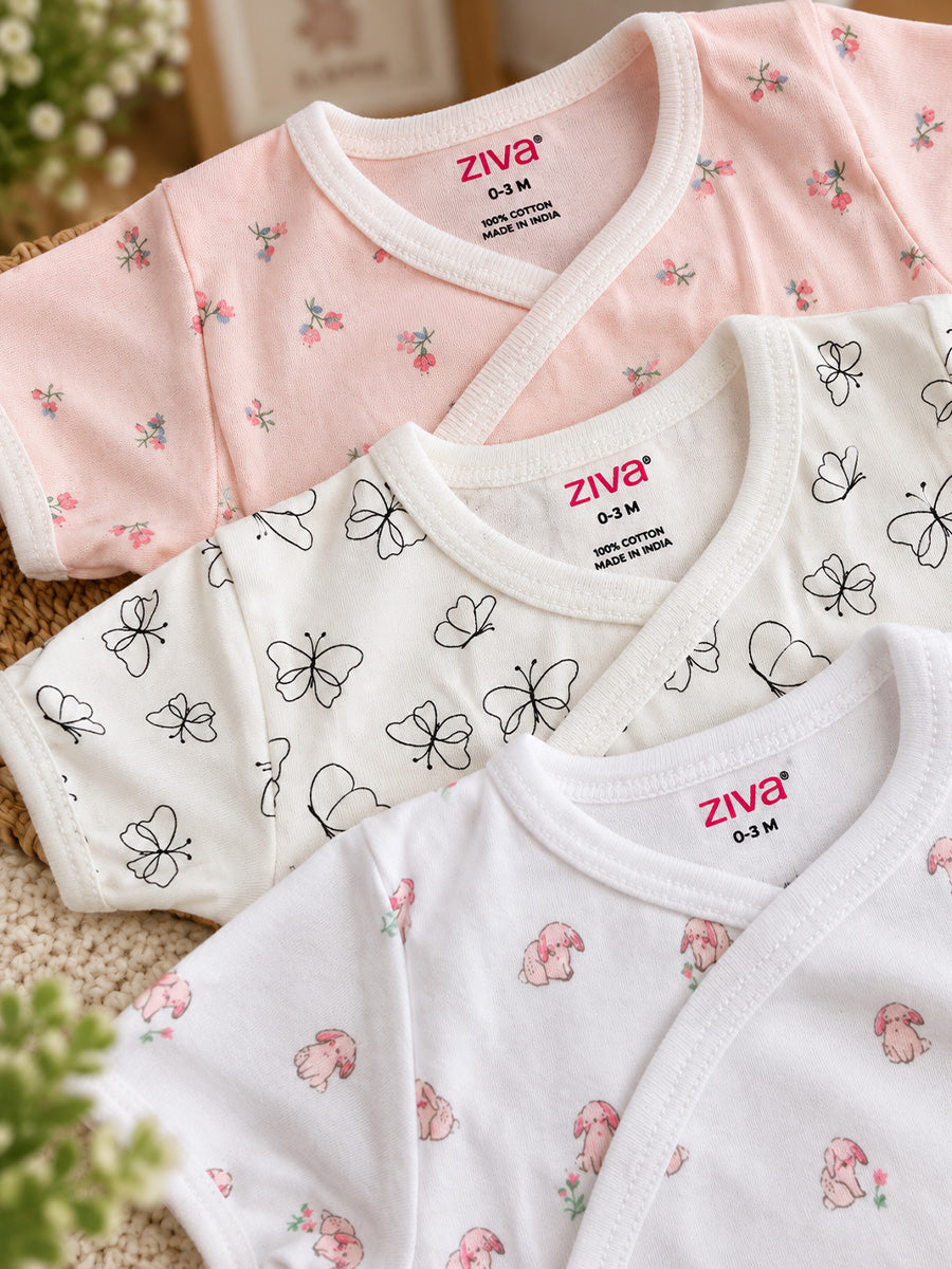 Ziva Baby Romper – Premium Knitted Cotton Overlap Style – Pack of 3 | Ivory Butterfly, White Pink Floral & Blush Pink Mini Floral Assorted Prints