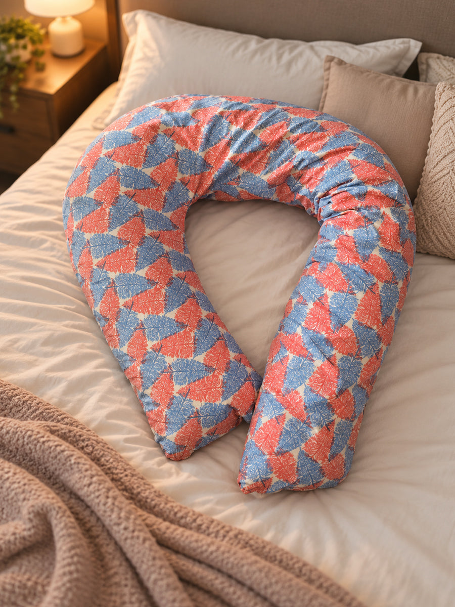 Ziva Multipurpose Pregnancy Pillow / Maternity Pillow / Body Pillow – 7 Shape (J Shape) – Red & Blue Leaf Print | 100% Cotton