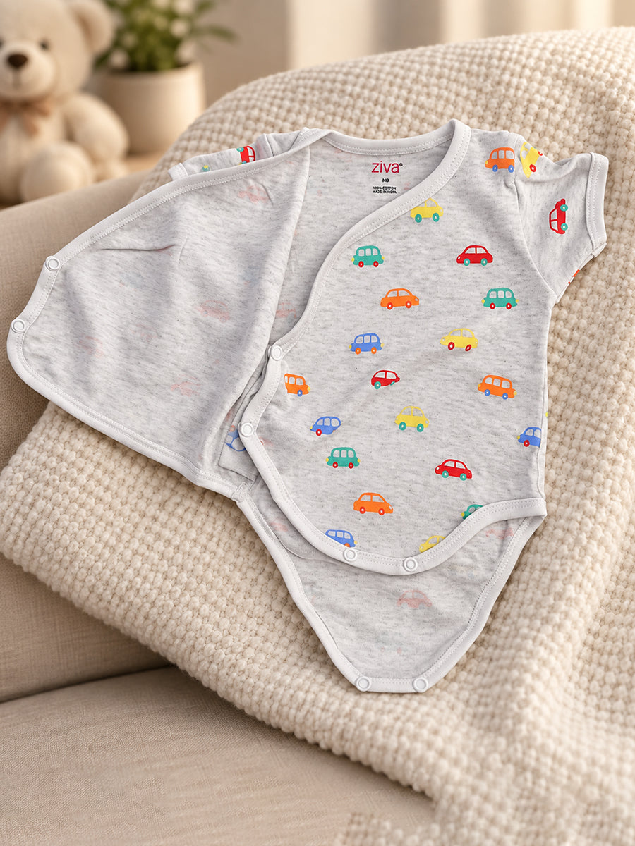 Ziva Baby Premium Knitted Cotton Overlap Romper – Pack of 3 | Grey Multicolour Car, Baby Blue Tiny Star & White Teddy Bear Assorted Prints | Newborn