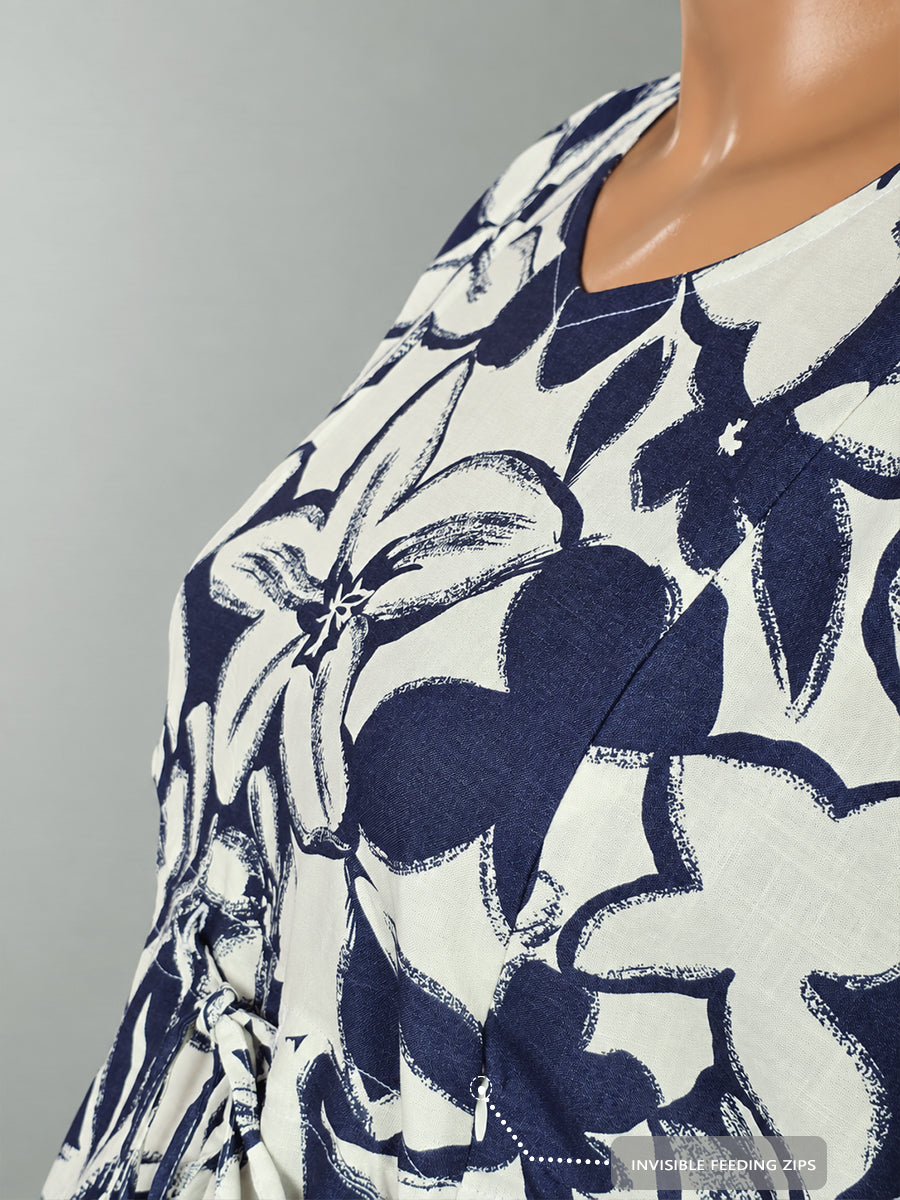 Ziva Maternity & Feeding Kaftan with Feeding Zip & Waist Adjustable Tie – Deep Navy Blue Floral Print