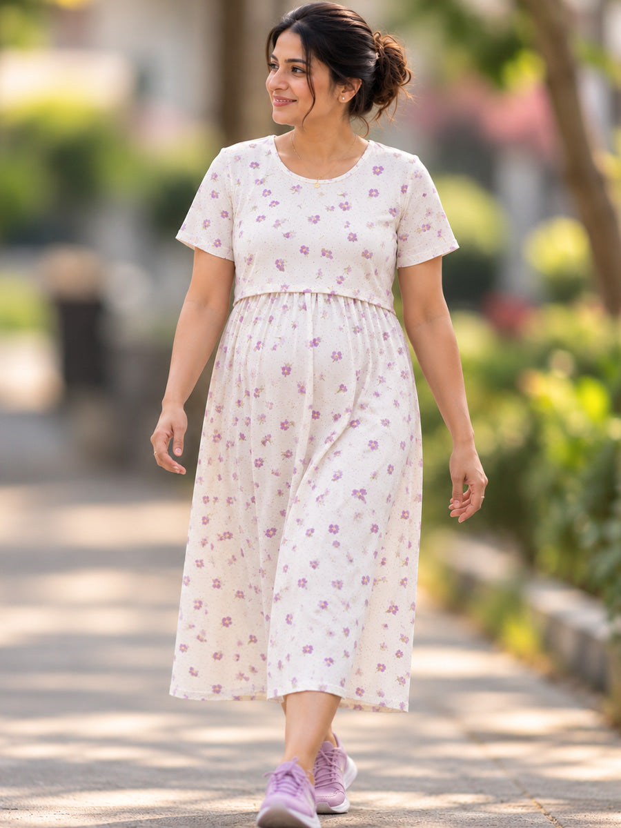 Ziva Zipless Maternity & Feeding Knitted Dress with Adjustable Waist Tie & Side Pocket | Soft Off-White Orchid Floral & Dotted Print