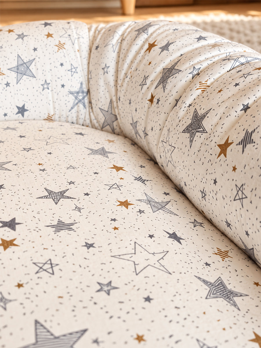 Premium Organic Cotton Multipurpose Baby Nest – Newborn Baby Lounger & Baby Bed | Grey & Gold Star Print | Ziva Collected | Carefully Selected for Your Little One