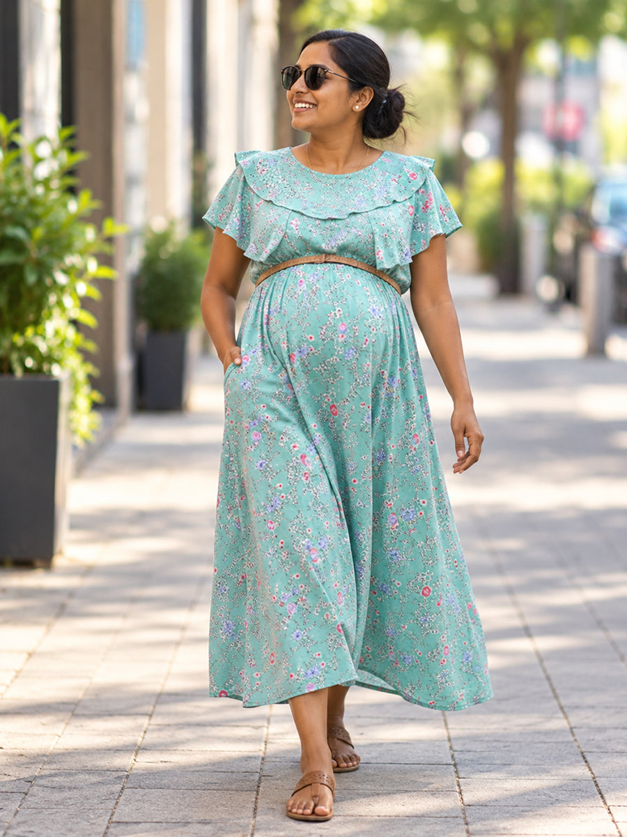 Ziva Light Blush Pink Floral Ruffle Overlay Maternity & Feeding Dress with Concealed Dual Zips, Belt & Pockets