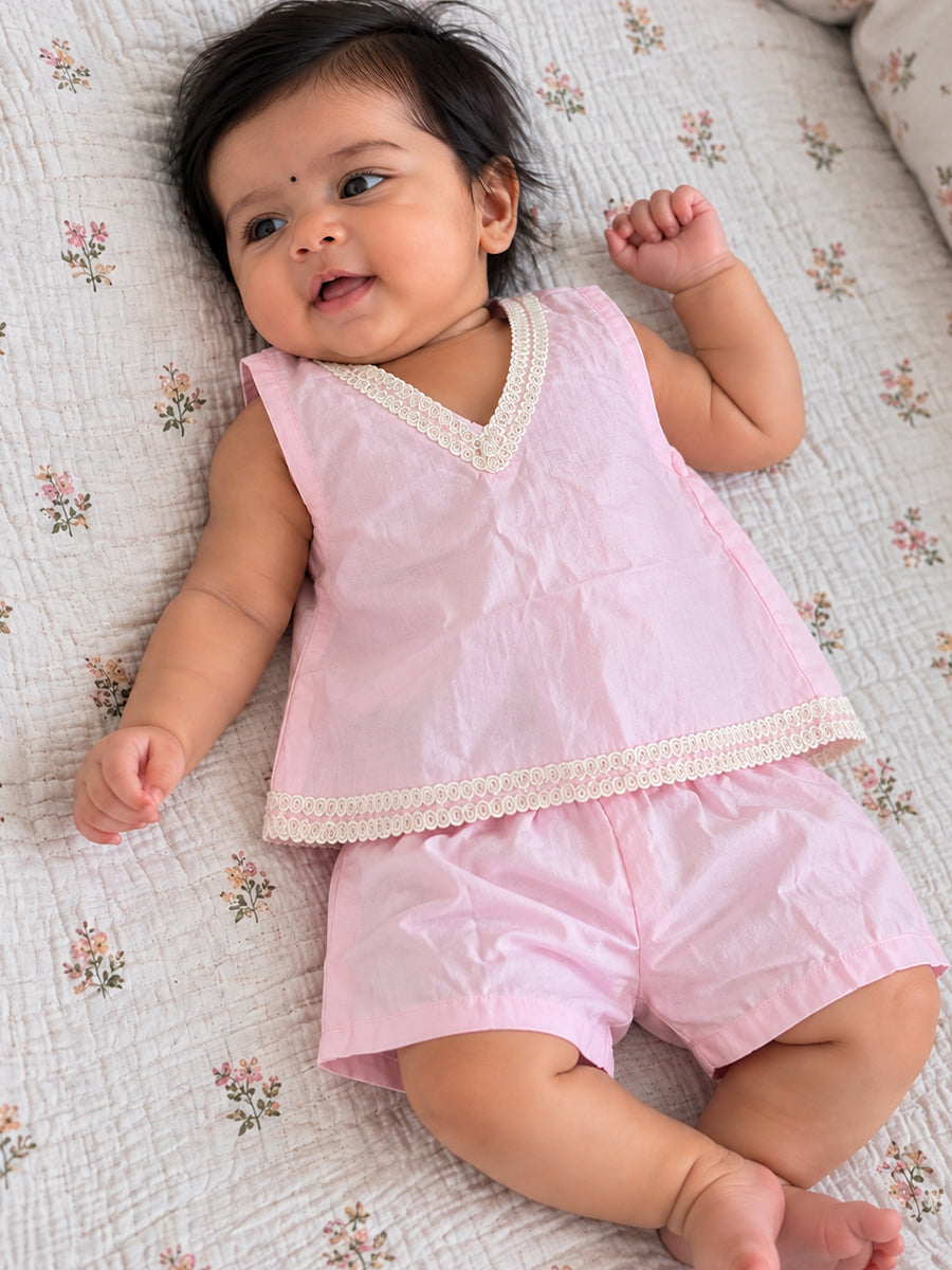 Ziva Baby Cotton V-Neck Top & Shorts Set – Soft Baby Pink | Cream Lace & Back Tie | 1 Top + 1 Shorts