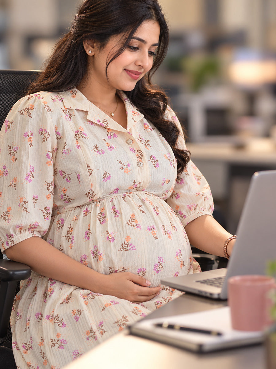 Ziva Premium Cotton Seersucker Maternity & Feeding Dress with Notched Collar, Concealed Zips & Side Pocket | Natural Ivory Multicolour Botanical Floral