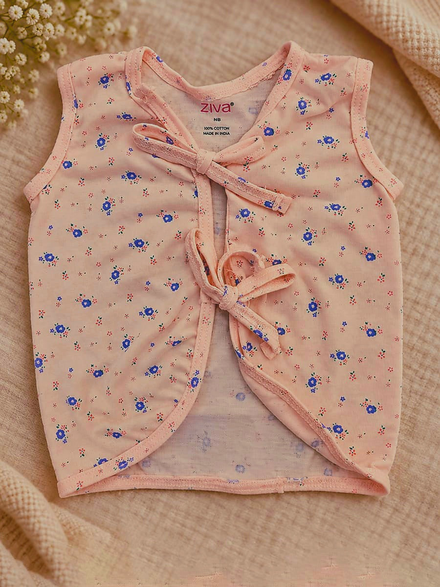 Ziva Newborn Knitted Cotton Front Open Tie Jabla with Tie Nappy – Blush Pink Tiny Floral Print | 1 Jabla + 1 Nappy