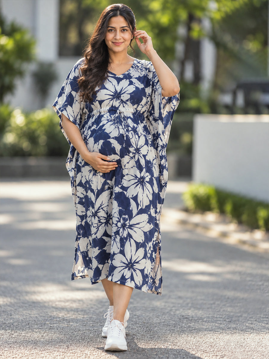 Ziva Maternity & Feeding Kaftan with Feeding Zip & Waist Adjustable Tie – Deep Navy Blue Floral Print