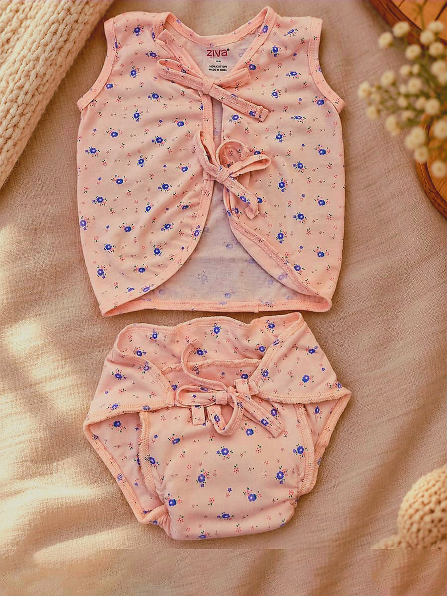 Ziva Newborn Knitted Cotton Front Open Tie Jabla with Tie Nappy – Blush Pink Tiny Floral Print | 1 Jabla + 1 Nappy