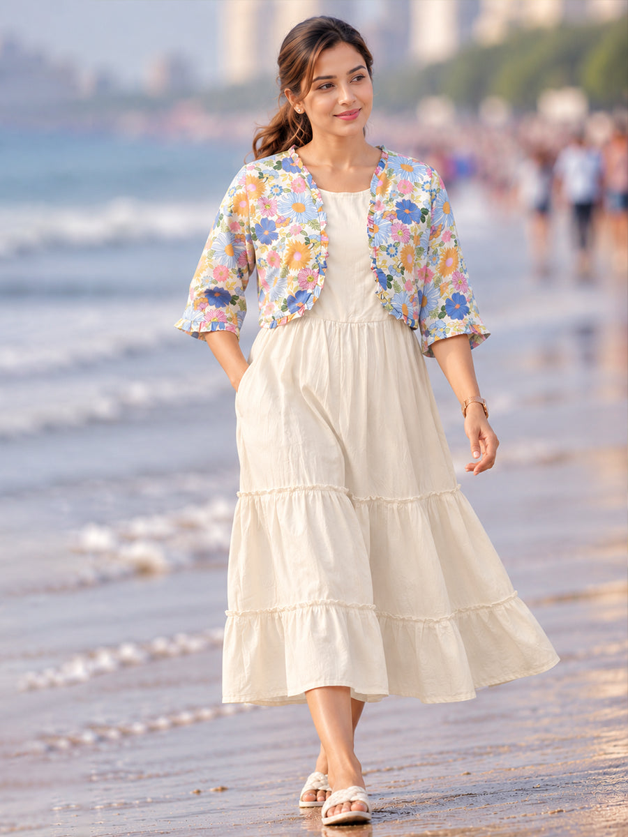 Ziva Maternity & Feeding Sleeveless Dress with Frill-Detail Floral Jacket | Off-White & Multicolour Floral