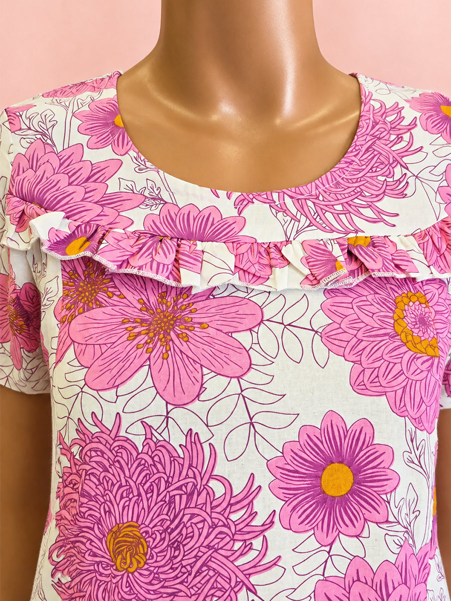 Ziva Maternity & Feeding Cotton Short Nighty – Concealed Feeding Zips & Side Pocket | Pink Garden Floral Print