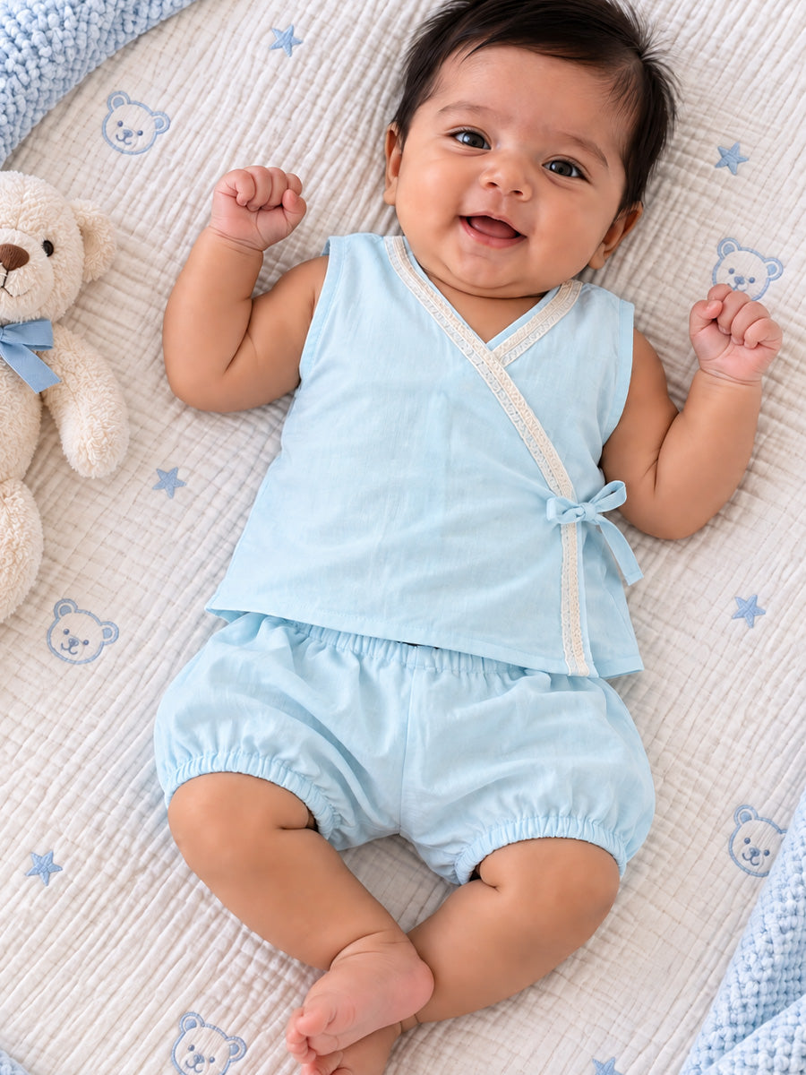 Ziva Baby Cotton Wrap Top & Bloomer Set – Baby Blue | V-Neck Side Tie | 1 Wrap Top + 1 Bloomer