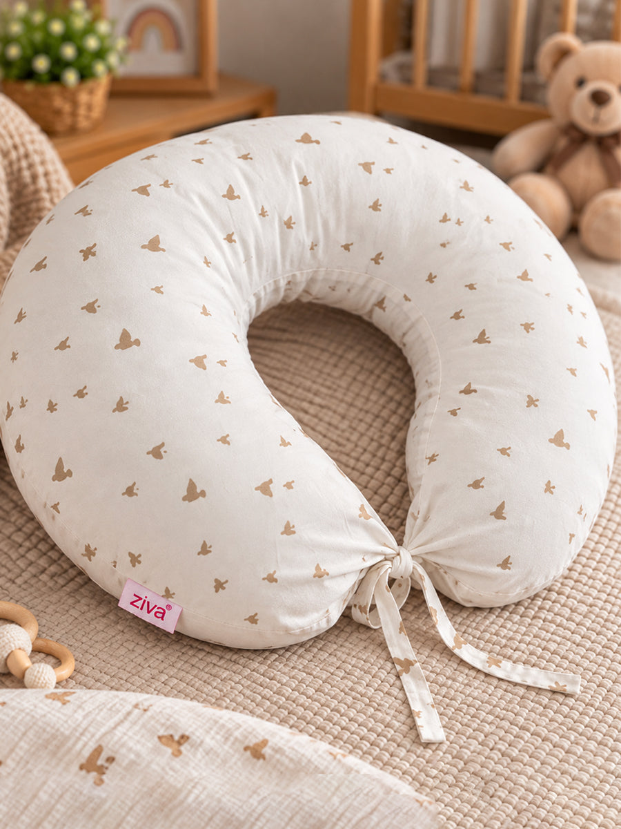 Ziva Multipurpose Feeding Pillow – White with Warm Beige Bird Print | 100% Cotton Cover | Removable & Washable
