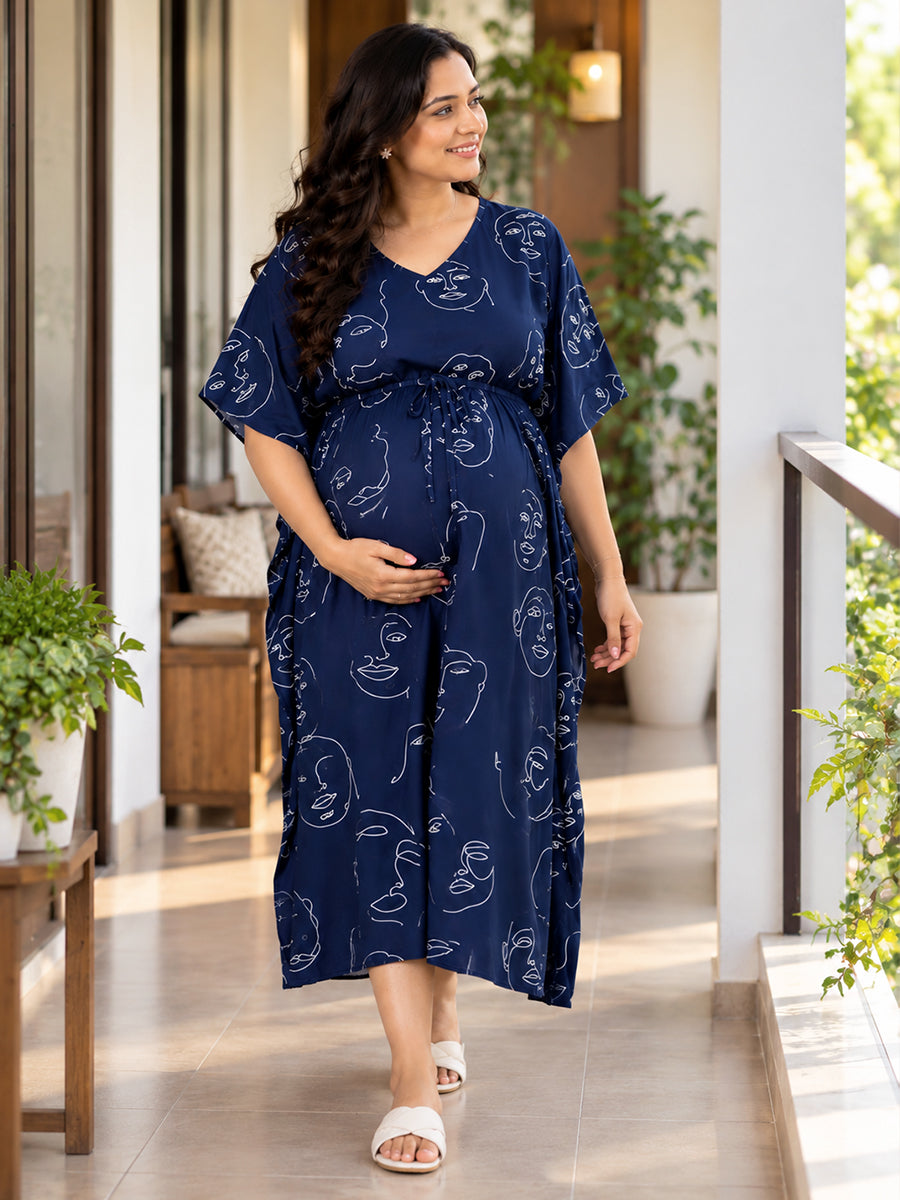 Ziva Maternity & Feeding Rayon Kaftan – Concealed Feeding Zips & Waist Adjustable Tie |Dark  Navy Blue Abstract Face Line Art Print